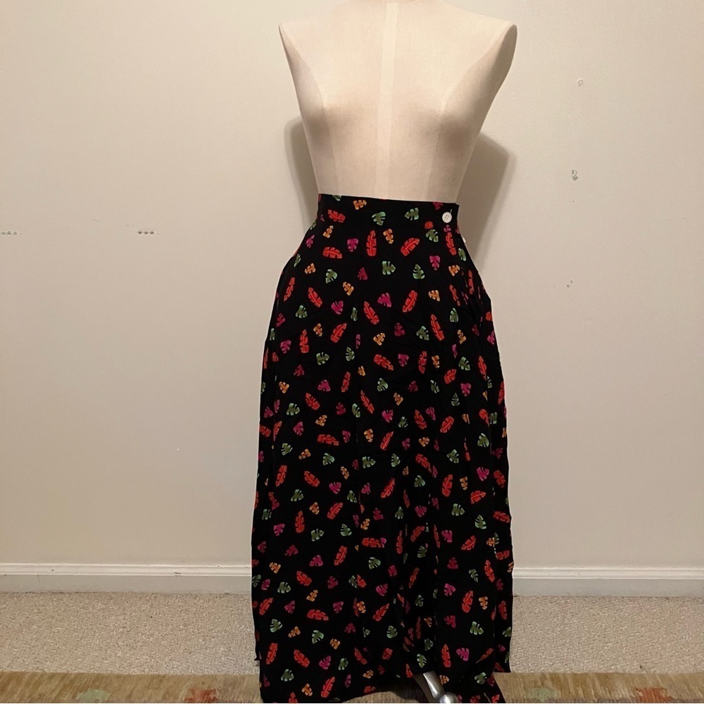 VTG 90s Maxi Skirt Sz 10 Black Leaves Fall Teacher Rayon Y2K Elastic Waist NWT